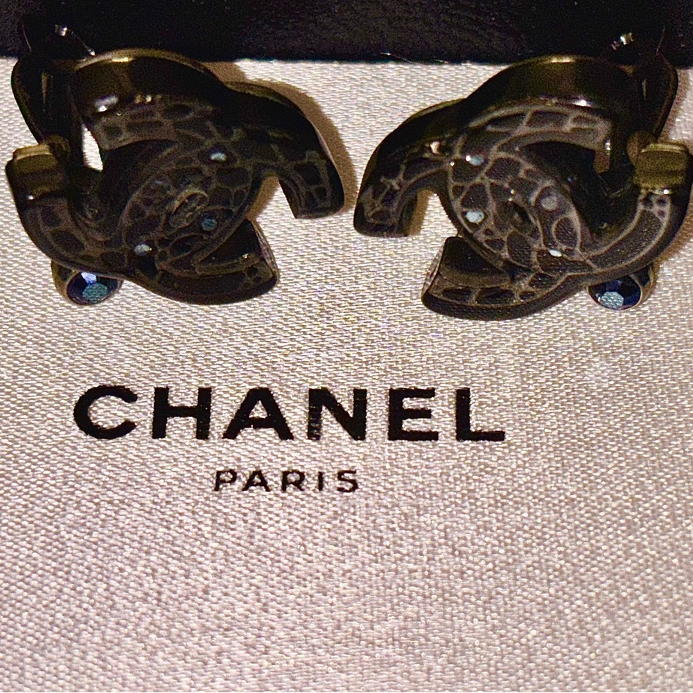 CHANEL Blue Crystal Logo Earrings - Authentic- with Box/Bag - Picture 12 of 13